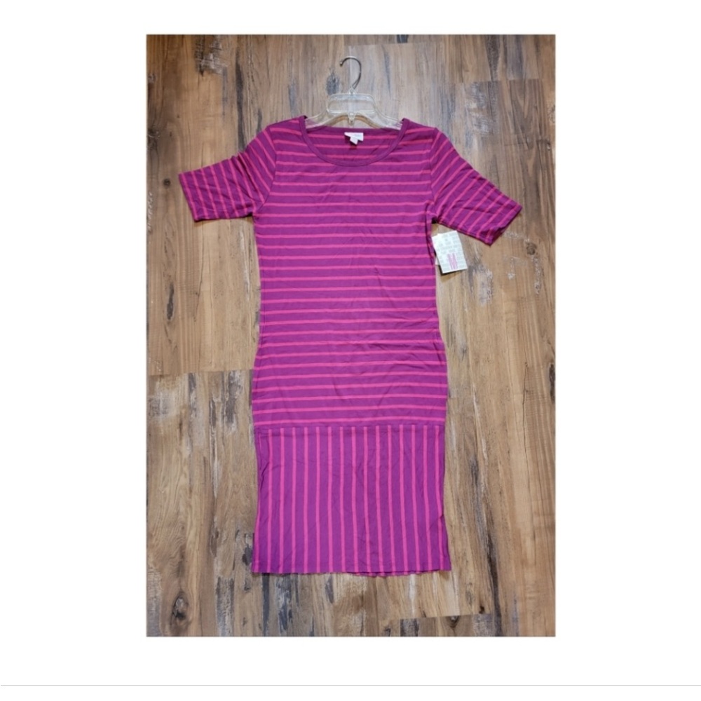 NWT Lularoe Julia Formfit Midi Dress in Bright Pink Stripes Print in Size Medium